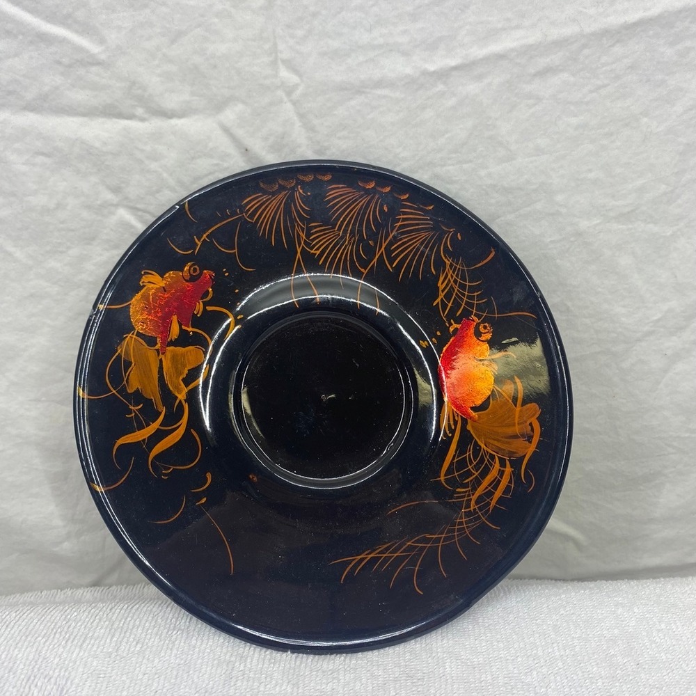 Vintage Japanese Lacquerware Saucer Black Goldfish Hand Painted 4.75 Inch